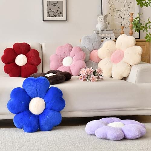 Flower Shaped Pillow, Cute Decorative Throw Pillow with Soft Artificial Rabbit Fur for Couch Bed Chair Floor, Flower Pillows Seating Cushions with Room Décor for Bedroom Living Room (14.9" Lavender) thumbnail 2