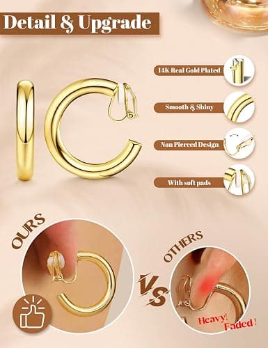 BESTEEL 3Pairs Clip on Earrings for Women Trendy Hypoallergenic 14K Gold Plated Chunky Tube Croissant Waterdrop Clip-on Hoop Earrings Set Fake Jewelry Non Pierced Ears thumbnail 6