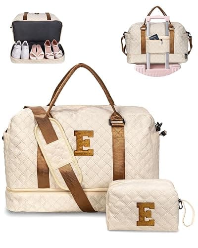 Vogewood Girls/Kids Initial Duffle Bag with Shoe Compartment, Kids Personalized Travel Bags with Makeup Bag for Women with Trolley Sleeve & Wet Pocket, Gifts for Teenage Girl(Letter E) - Image 1