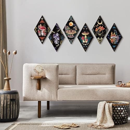 Sintuff 6 Pieces Mushroom Wall Decor Gift Vintage Aesthetic Boho Wall Art for Home 11.8inch Wooden Moon Gothic Minimalist Wall Hanging for Bathroom Bedroom Living Room thumbnail 5