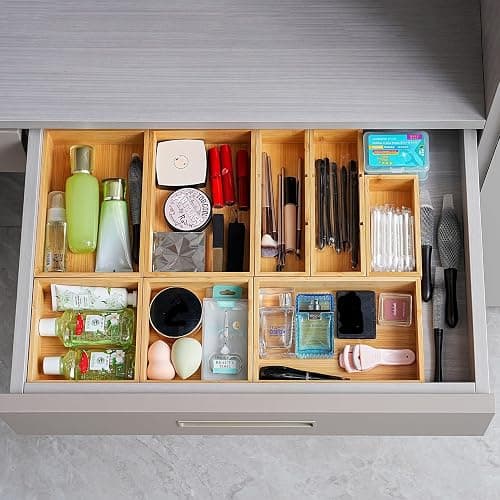 Fabsome Drawer Organizer, Set of 9 Bamboo Wood Kitchen Makeup Desk Junk Tea Drawer Storage Boxes Bins for Cutlery Silverware Utensils Flatware, Small Wooden Container Tray for Bathroom, Office thumbnail 4