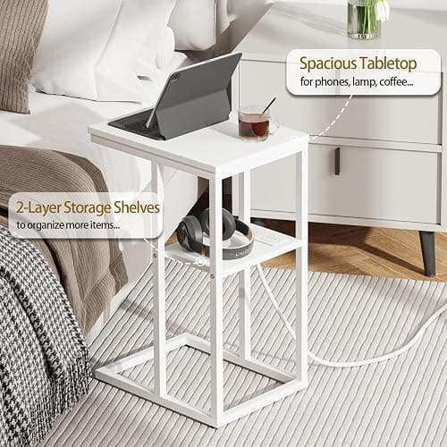 Vagusicc C Shaped End Table with Charging Station, Small Side Table for Couch, Snack Side Table with USB Ports and Outlets for Small Spaces, Slide Under Sofa Table TV Tray Arm C Table for Living Room thumbnail 5