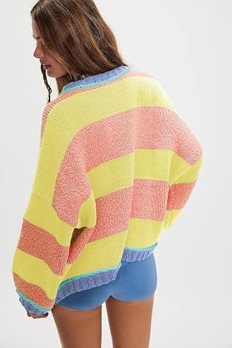 Aisongyuan Women Fall Color Block Striped Sweater Crewneck Long Sleeve Loose Pullover Sweaters Knitted Tops thumbnail 5