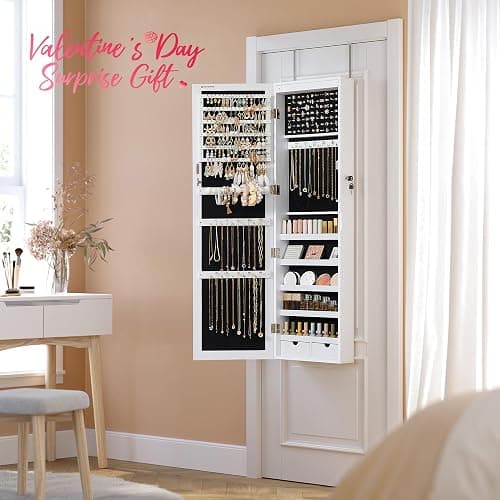 SONGMICS 6 LEDs Mirror Jewelry Cabinet, 47.2-Inch Tall Lockable Wall or Door Mounted Jewelry Armoire Organizer with Mirror, 2 Drawers, 3.9 x 14.6 x 47.2 Inches, White UJJC93W thumbnail 8