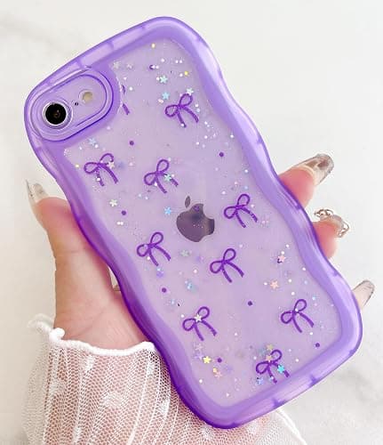 Qokey for iPhone SE(2020/2022) & 8/7 Case - Glitter Star & Curved Edge Handle Grip Design, Military-Grade Shockproof Clear TPU Cover, Sparkle Protection + Scratch-Resistant, Holographic Purple Bow thumbnail 7
