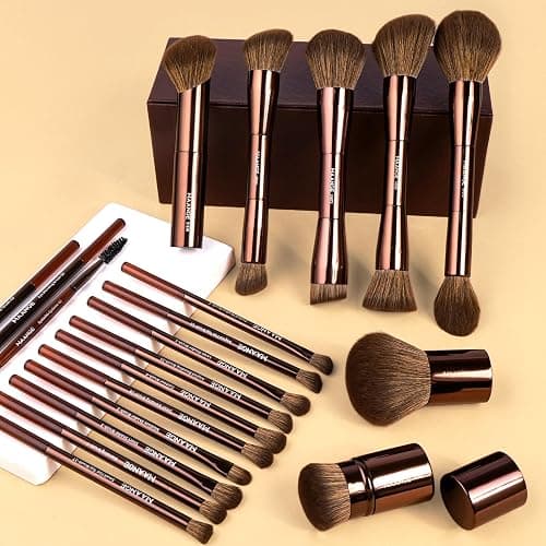 MAANGE 20 Pcs Makeup Brushes with Gift Box, Double-End Multi-functional Makeup Brushes for Blending Liquid Powder Concealer Cream Blush Buffe,Dark Brown thumbnail 2