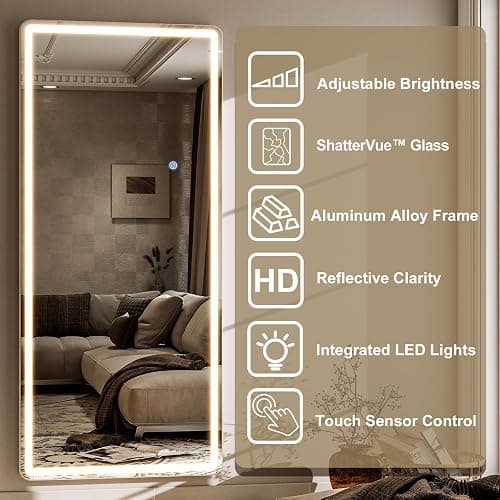HARRITPURE Full Length Mirror with LED Lights - 71"x26" Lighted Floor Mirror for Bedroom/Cloakroom, Standing Mirror with Lights Dimmable & 3 Color Lighting thumbnail 3