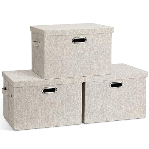 Graciadeco Large 17" 36 Quart Collapsible Stackable Storage Bins with Lids, 3 Packs Beige Linen Fabric Closet Boxes with Lids, Storage Cube Baskets Container Organizers for Bedroom Office(17 x12 x11) - Beige - Large -3 Pack