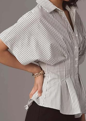 Burtell Casual Striped Button Down Shirts for Women Lapel V Neck Pleated Short Sleeve Blouse Peplum Tops Business Work Tops thumbnail 4