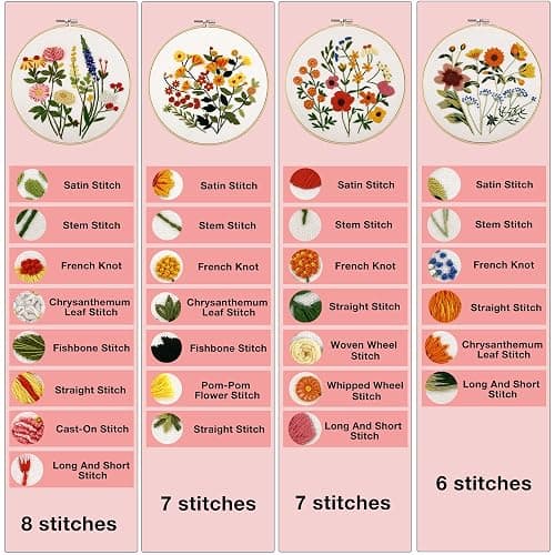 VIVIDOX 4 Sets Embroidery Kit for Beginners with Stitch Video, Flower Cross Stitch Kits for Adults, Starter, Hand Craft Lover Practice with Floral Stamped Pattern, 2 Hoops, 16 Needles, Scissors, Tools thumbnail 6