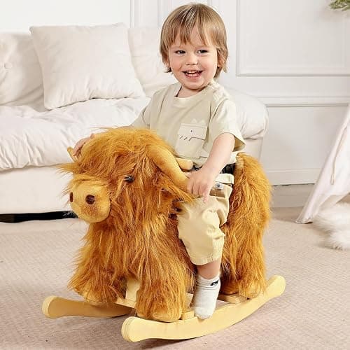 Baby Rocking Horse,Highlander Cattle Wooden Rocking Horse for Toddlers 1 Year Old Cute Cow Stuffed Plush Ride-on Toy Rocking Animal for Baby Boys and Girls Nursery/Child Christmas or Birthday Gift thumbnail 2