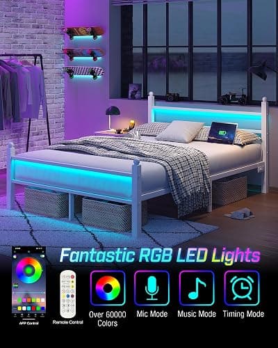 CollaredEagle Full Bed Frame with Headboard and Footboard, Metal Bed Frame with Charging Station and LED Lights, Under Bed Storage, No Box Spring Needed,Noise Free, White thumbnail 4