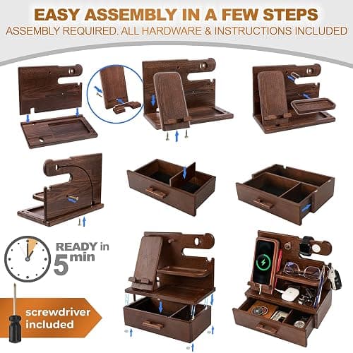 TESLYAR Wood Phone Docking Station with Drawer - Nightstand Organizer - Desk Organizer for Husband - Birthday Gifts for Men, Dad, Anniversary Idea, Key Holder Stand Watch & Accessories (Bourbon Brown) thumbnail 8