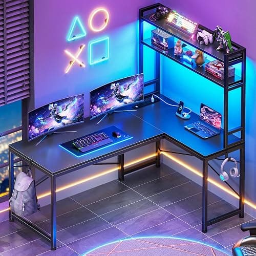 SEDETA L Shaped Gaming Desk, Reversible 45.3” Small Corner Desk with Power Outlet and LED Lights, Corner Gaming Desk with Storage Shelves, Hooks for Small Space, Black - Image 1