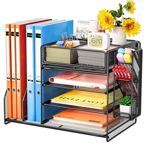 Casavibe Schreibtisch Organizer mit Aktenhalter - 5-Tier Briefablage Ablagefächer mitSchublade,4 Stithalter, Schreibtisch-Aufbewahrung, Zeitschriftenhalter fürBürobedarf (schwarz) - Image 1
