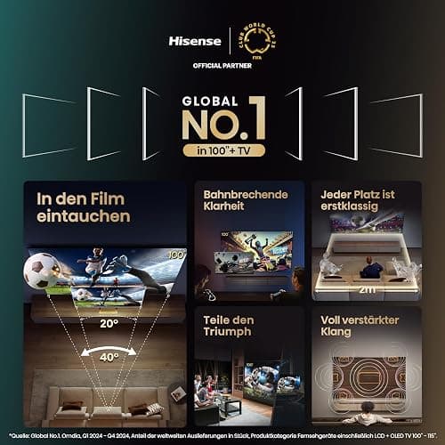 Hisense 100E7NQ 254 cm (100 Zoll) Fernseher, 4K UHD, QLED, HDR10, HDR10+ decoding, HLG, Dolby Vision Atmos, 144Hz VRR, Smooth Motion, Bluetooth, Alexa Built-in, VIDAA Voice, Schwarz [2025] thumbnail 7