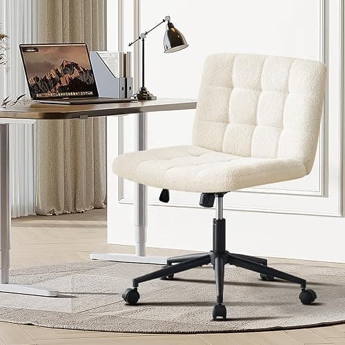 Furnimart Swivel Criss Cross Legged Chair with Wheels for Home Office, Wide Armless Desk Chair Height Adjustable Comfy Seat for Desk,Vanity, Bedroom, Faux Fur White thumbnail 3