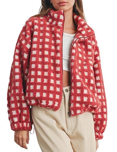 Esmeling Women’s Long Sleeve Cropped Sherpa Fleece Plaid Jacket Casual Chunky Teddy Fleece Outerwear - Image 1