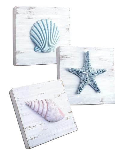Tide and Tales 3D Beach Wall Art - Seashell with Starfish for Coastal Bathroom Decor, Ocean Inspired Decor for Bathroom, Coastal Bedroom, Living Room or Beach House, Set of 3 (6”x 6”) - Image 1