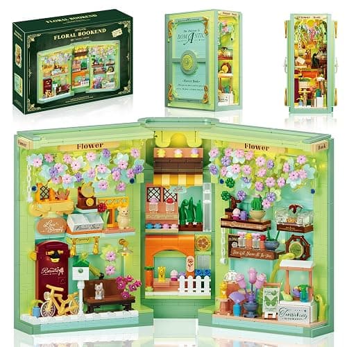 NEWABWN Floral Book Nook Building Set with Light, Compatible with Flowers DIY Booknook Building Block kit for Home Decor Bookshelf, 1106 PCS Bookend House Building Toy Gift for Adult 14+ - Image 1
