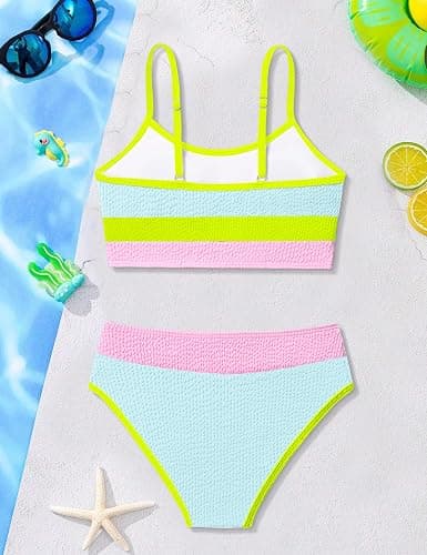 TALLWH Girls Bathing Suit Color-Block Adjustable Straps Bikini Sets Girls Two Piece Swimsuits with Chest Pad Swimwear 7-18T thumbnail 7