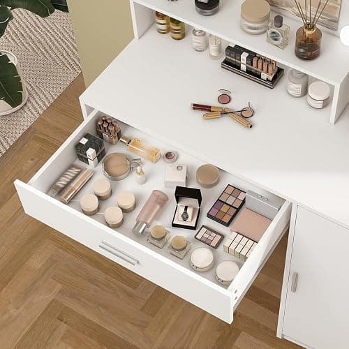 Quimoo Makeup Vanity Desk with Mirror & Lights, Vanity Desk with 5 Drawers & Storage Shelves, Vanity Table, 3 Color Modes & Adjustable Brightness Dressing Table, Bedroom, White thumbnail 5