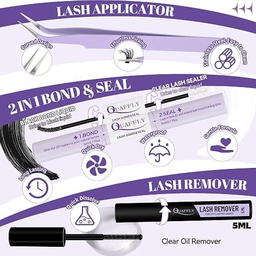QUAFFLY Lash Extension Kit - Reusable Cluster Lashes Extension Kit with 666 PCS Fluffy Lash Clusters and Tweezers & Bond&Seal & Remover, Natural DIY Lash Clusters for Beginners (60+80+100-kit) thumbnail 7