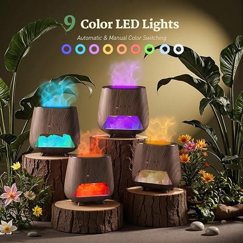 JJNJJN Essential Oil Diffuser for Home - Aromatherapy Diffuser with Pure Himalayan Pink Salt Rock, 200ml Wood Grain Scent Diffuser, Cool Mist Humidifier with 9 Colors LED Light for Bedroom, Black thumbnail 6