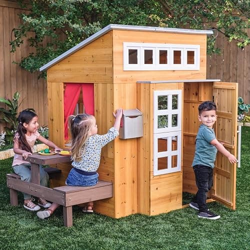 KidKraft Modern Outdoor Wooden Playhouse with Picnic Table, Mailbox and Outdoor Grill ,Gift for Ages 3+ thumbnail 2