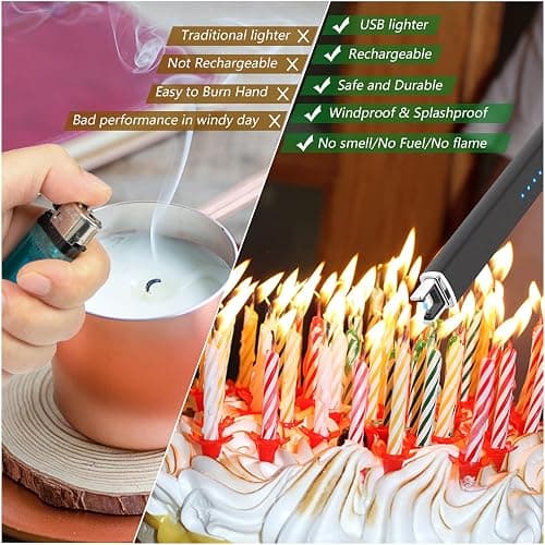 MEIRUBY Lighter Electric Candle Lighter Long Electronic Rechargeable USB Arc Windproof Flameless Lighters for Candle Camping BBQ Birthday Women's Day Gifts for Women Mom Wife Men, Balck thumbnail 4