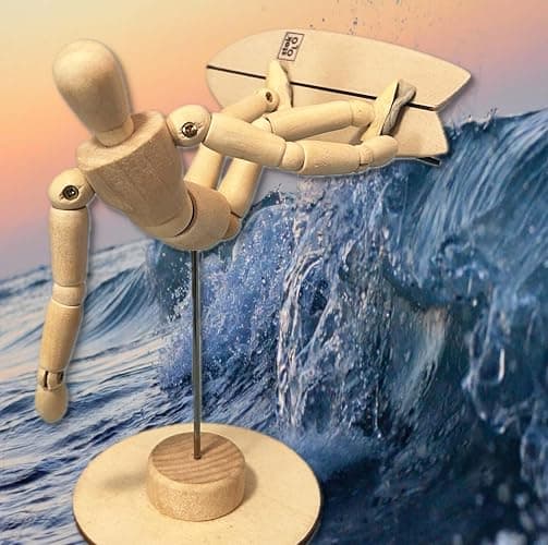 CRAFTED INGENUITY The Stokies Wooden Surf Art Figurine – 5.5” Posable Surfer with 4.5” Twin-Fin Fish Surfboard | Retro Surf Decor, Coastal Home Display, Unique Surfer Gift thumbnail 2