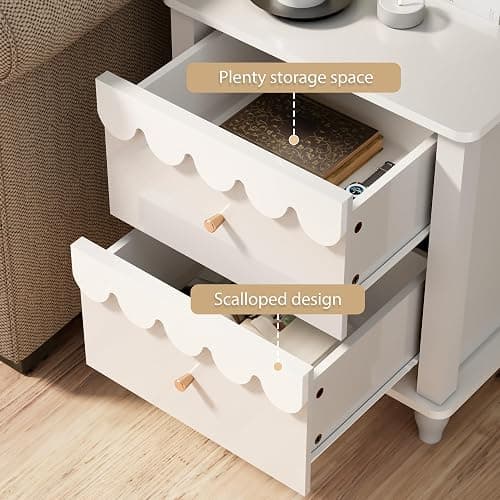 White Nightstand Side End Table with 2 Drawers, Modern Wood Night Stand with Petal Pattern for Bedroom, Scalloped Bedside Night Tables with Solid Wood Legs thumbnail 9