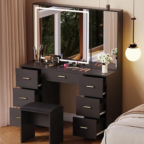 Jartoil Vanity Desk with Large Mirror and Lights, Black Makeup Vanity with 7 Drawers, Adjustable Brightness Vanity Table with Glass Door Cabinet, Modern Vanity Set with Stool for Bedroom thumbnail 3