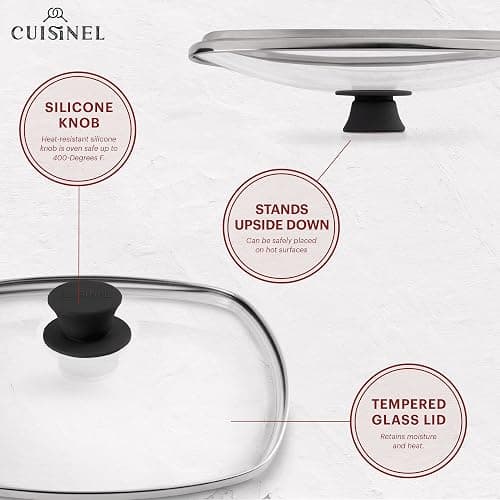 Cuisinel Cast Iron Grill Pan + Rectangular Cast Iron Grill Press + Tempered Glass Lid + Pan Scraper – Pre-Seasoned Ribbed Skillet – 10.5"-Inch Square Grilling Indoor/Outdoor Camping Fire BBQ Cookware thumbnail 4