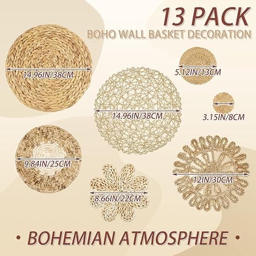 Glenmal Set of 13 Boho Wall Basket Decor Woven Rattan Flat Baskets Handmade Boho Wicker Bamboo Seagrass Wall Hanging Decor for Bedroom Living Room Dining Room Office Ready to Hang(Plain) thumbnail 3