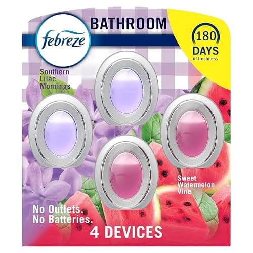 Febreze Bathroom Air Freshener, Odor-Fighting, Plug In Alternative, Air Fresheners for Small Spaces in Home, Bathroom, Kitchen, & Closet, Lilac & Watermelon Scents, 4ct (2 of Each Scent) - Image 1