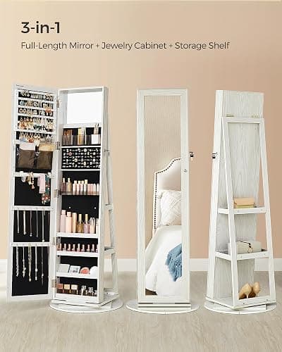 SONGMICS 360° Swivel Jewelry Cabinet, Lockable Jewelry Organizer with Full-Length Mirror, Rear Storage Shelves, Interior Mirror, Jewelry Armoire, Christmas Gifts, White with Gray Wood Grain UJJC006W01 thumbnail 4