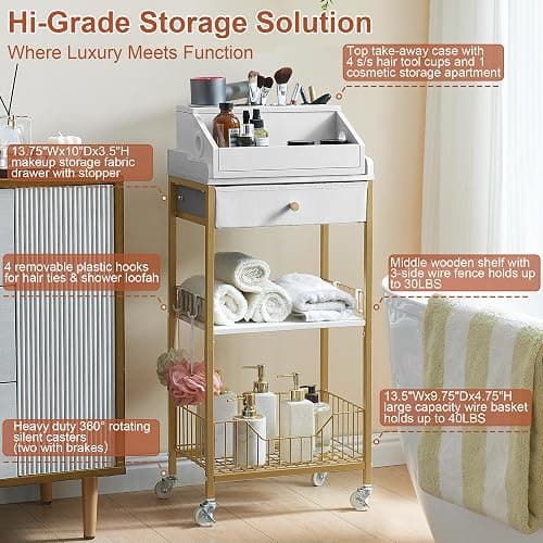 NauwaBarn Makeup Organizer Cart with Drawer, 2-in-1 Rolling Organizer Cart with Hair Tool Holder, Vanity Storage for Skincare, Perfume, Nail Polish, Cosmetics, Gold Finish thumbnail 4