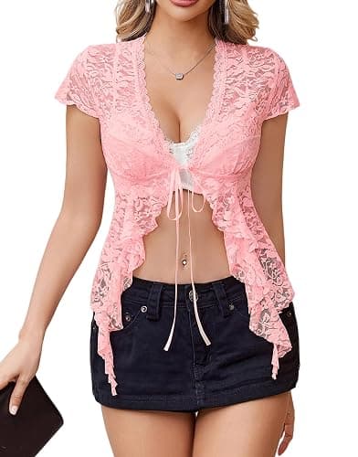 Women's Sheer Shrug Short Sleeve Tie Front Crop Top Y2K Lace Shirt Bolero Shrugs for Dress Going Out Outfits - Image 1