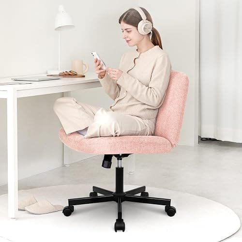 Orange Factory Criss Cross Chair with Wheels Comfy Cross Legged Office Desk Armless Wide Vanity Makeup Chair Adjustable Rolling Computer for Home Office Fabric (Pink) - Pink - With Wheels thumbnail 3