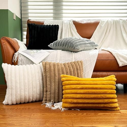 18x18 Throw Pillow Covers Set of 2, Decorative Faux Fur Covers for Bed, Couch Soft Fluffy Pillow Cover with Velvet Back for Living Room, Neutral Home Décor Accent for Sofa - Cream White thumbnail 2