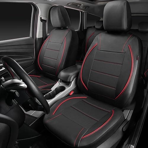 CAR PASS Universal FIT Piping Leather Two Front Seat Covers, Waterproof Faux Leather for SUV Sedan Van Truck, Airbag Compatible,Reserved Opening Holes for Headrest Covers. (Black red) thumbnail 3
