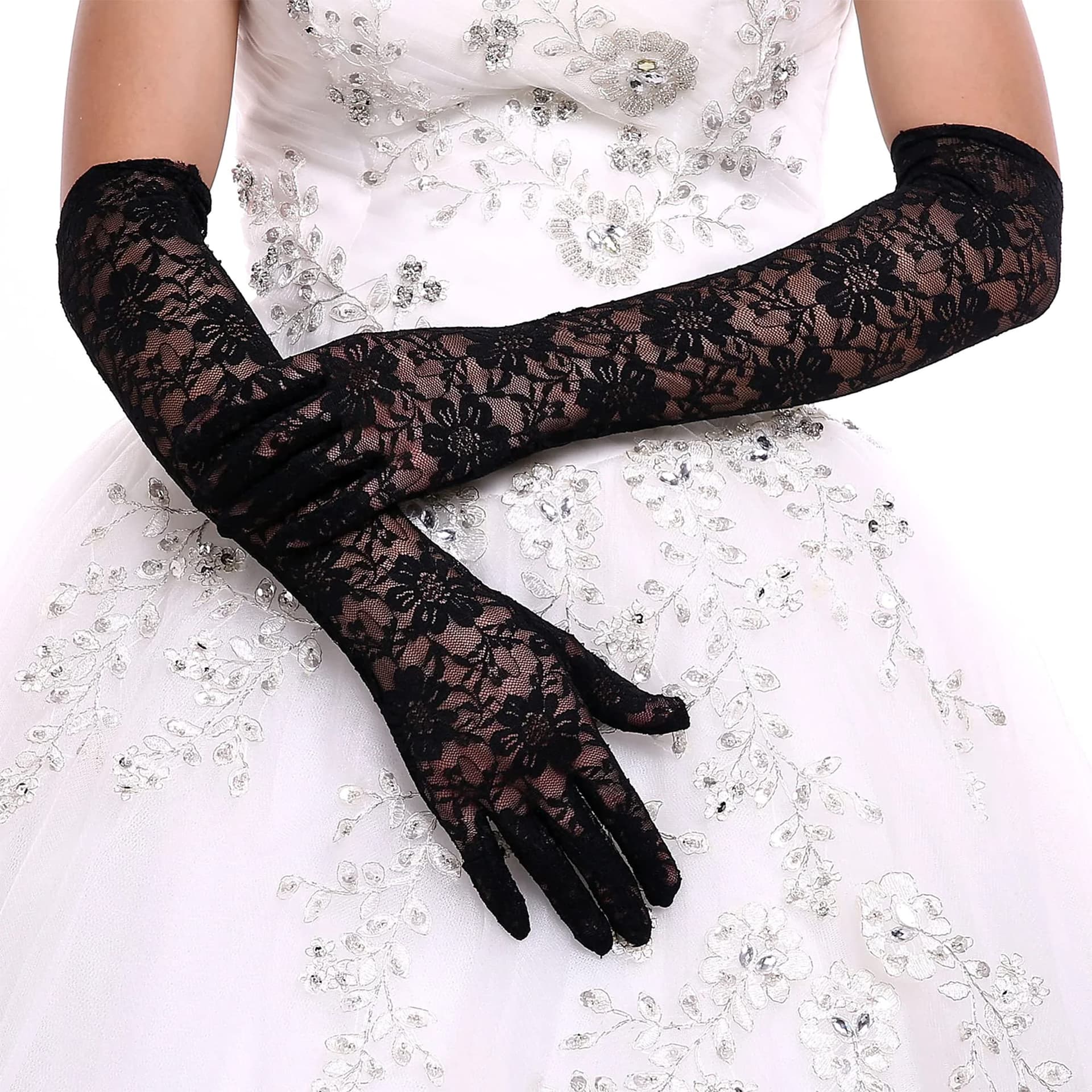 IRYNA Long Lace Gloves - Black Elbow Length Opera Silk Hand Sleeves for Evening Party, Black, One Size thumbnail 7