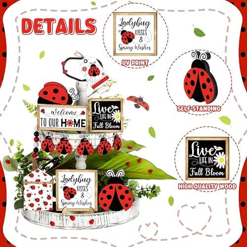 20 Pcs Ladybug Tiered Tray Decorations Spring Ladybug Wooden Blocks Sign Farmhouse Decorative Trays Red Ladybird Table Top Decor for Spring Decorations Home Kitchen Shelf Display Holiday Housewarming thumbnail 5