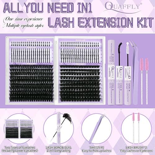 DIY Lash Extension Kit 100D+150D Volume Lash Clusters with Spikes Lash Extension Kit Bottom Lashes Wispy Cluster Eyelash Extensions Kit with Lash Bond and Seal Tweezer Brush Easy To Apply thumbnail 2