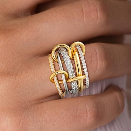 Eaciy Gold Stackable Rings for Women, 14K Gold Plated Cubic Zirconia Rings, Silver Gold Multi Ring Mixed Metals Stackable Ring Set for Women Non Tarnish thumbnail 2