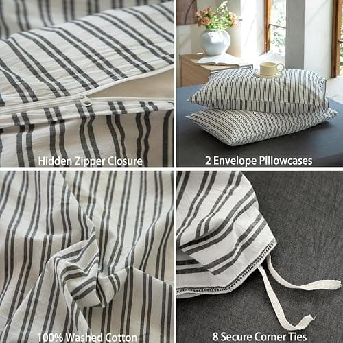 XINMIANFANG Striped Duvet Cover Set Full Size 3 Piece 100% Washed Cotton Linen Feel Bedding Comfy Breathable Modern Farmhouse (Full, Double Stripe-White/Black) thumbnail 4