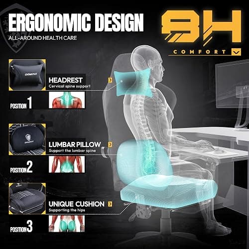 Dowinx Gaming Chair with Heated Massage Lumbar Support,Big and Tall PU Leather Gaming Chairs for Adults with Footrest, Ergonomic Computer Game Chair with Poket Spring Cushions, 350lbs, Bright Black thumbnail 7