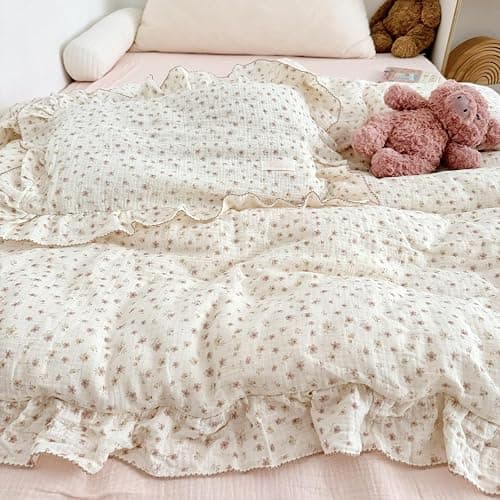 VM VOUGEMARKET 3 Pieces Full Cream Duvet Cover Set Ruffled,Girls Double-Layer Cotton Gauze Duvet Cover with Floral Pattern,Zipper Closure & Corner Ties,80"x90" thumbnail 4