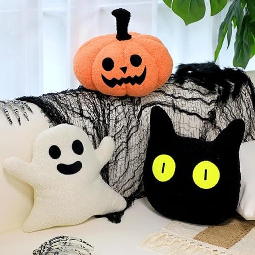 Justforjoyful 3Pcs Halloween Pillow Plush Pumpkin Ghost Throw Pillow for Halloween Home Party Decoration Stuffed Black Cat Shaped Cushion Pillow for Cozy Halloween Living Room Bedroom Sofa Supplies thumbnail 4